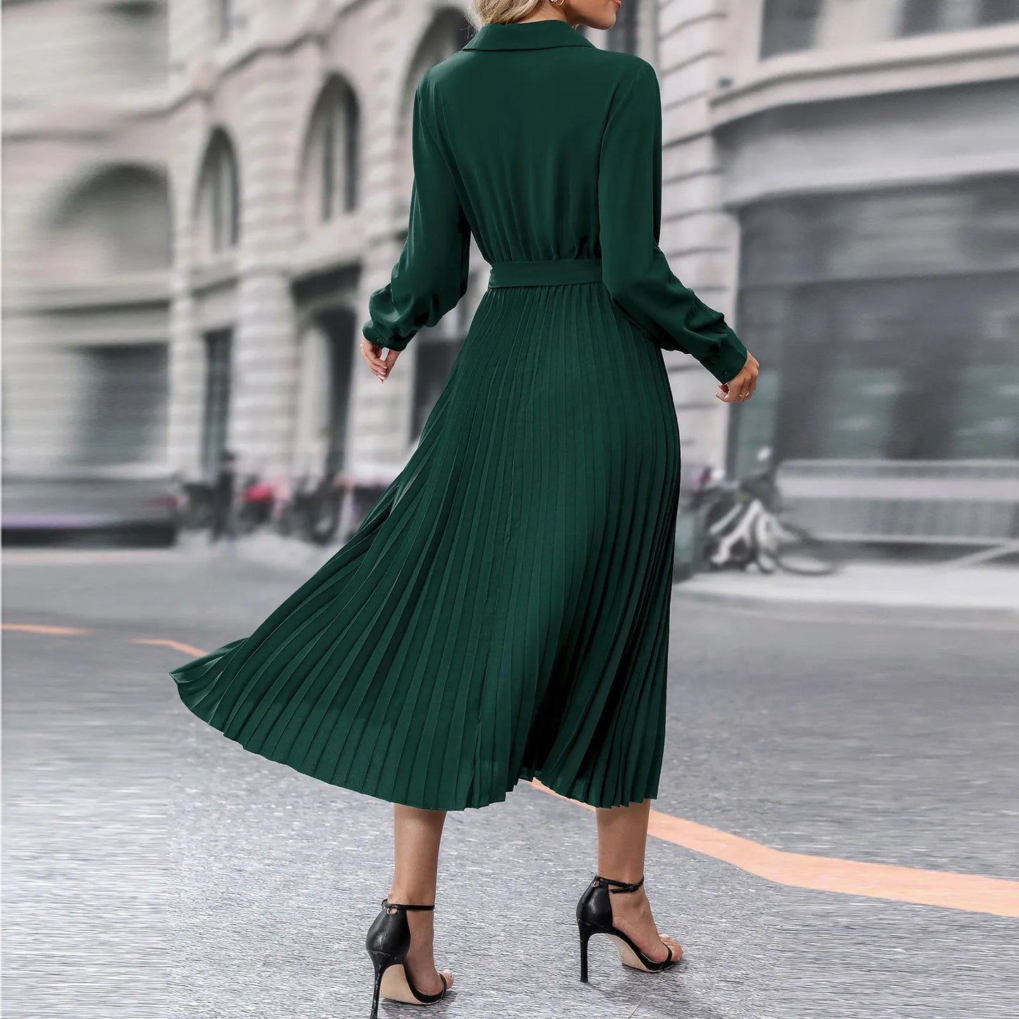 Elegant Women's Dresses Solid Color V-Neck Casual Long Sleeve Belt Lapel Pleated Skirt Dresses Summer New Evening Party Dresses