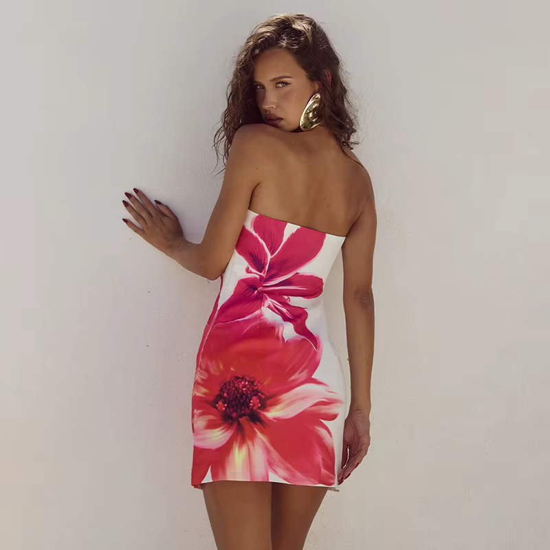 Sexy Roter Print Minikleid – Ärmellos Off-Shoulder Sommerlook