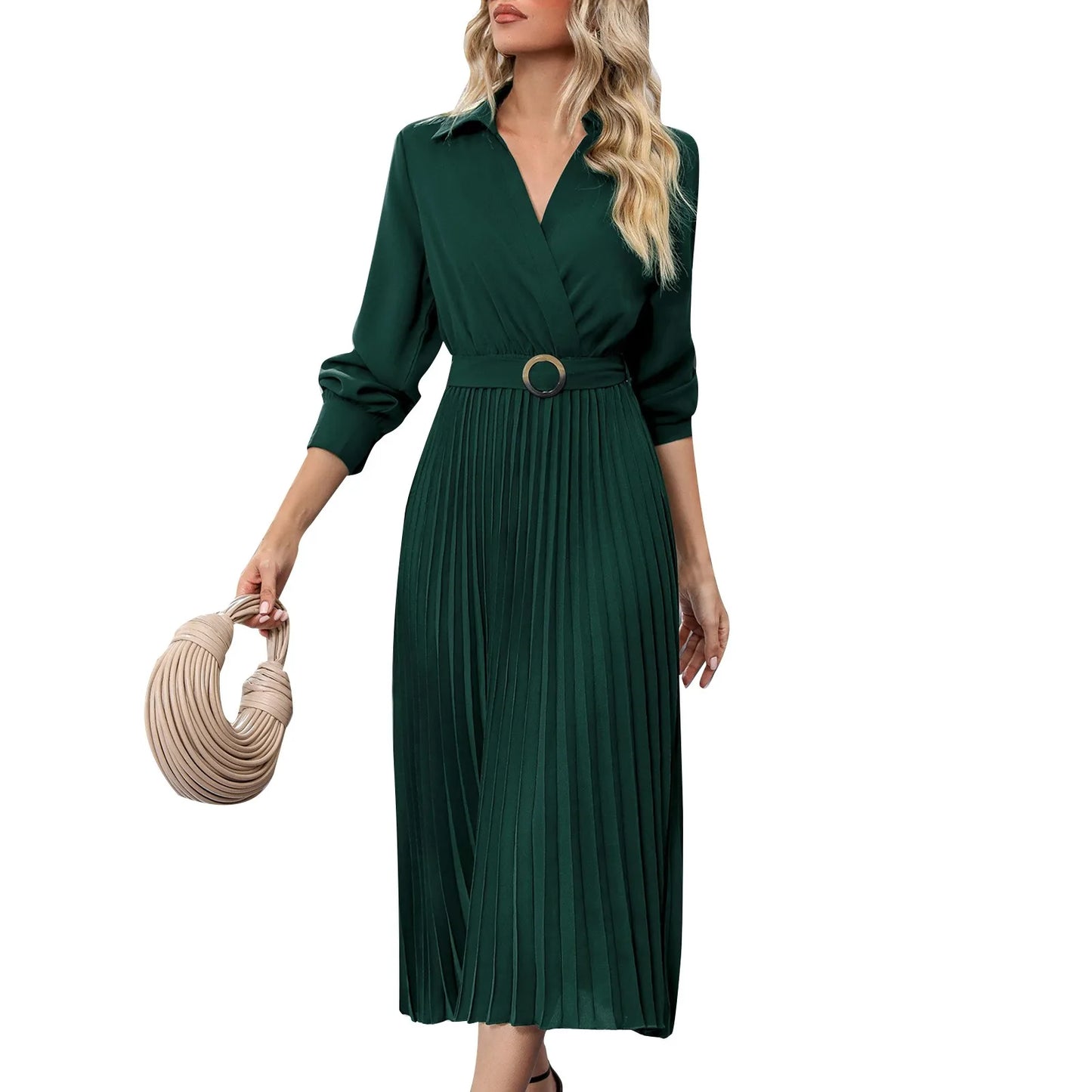 Elegant Women's Dresses Solid Color V-Neck Casual Long Sleeve Belt Lapel Pleated Skirt Dresses Summer New Evening Party Dresses