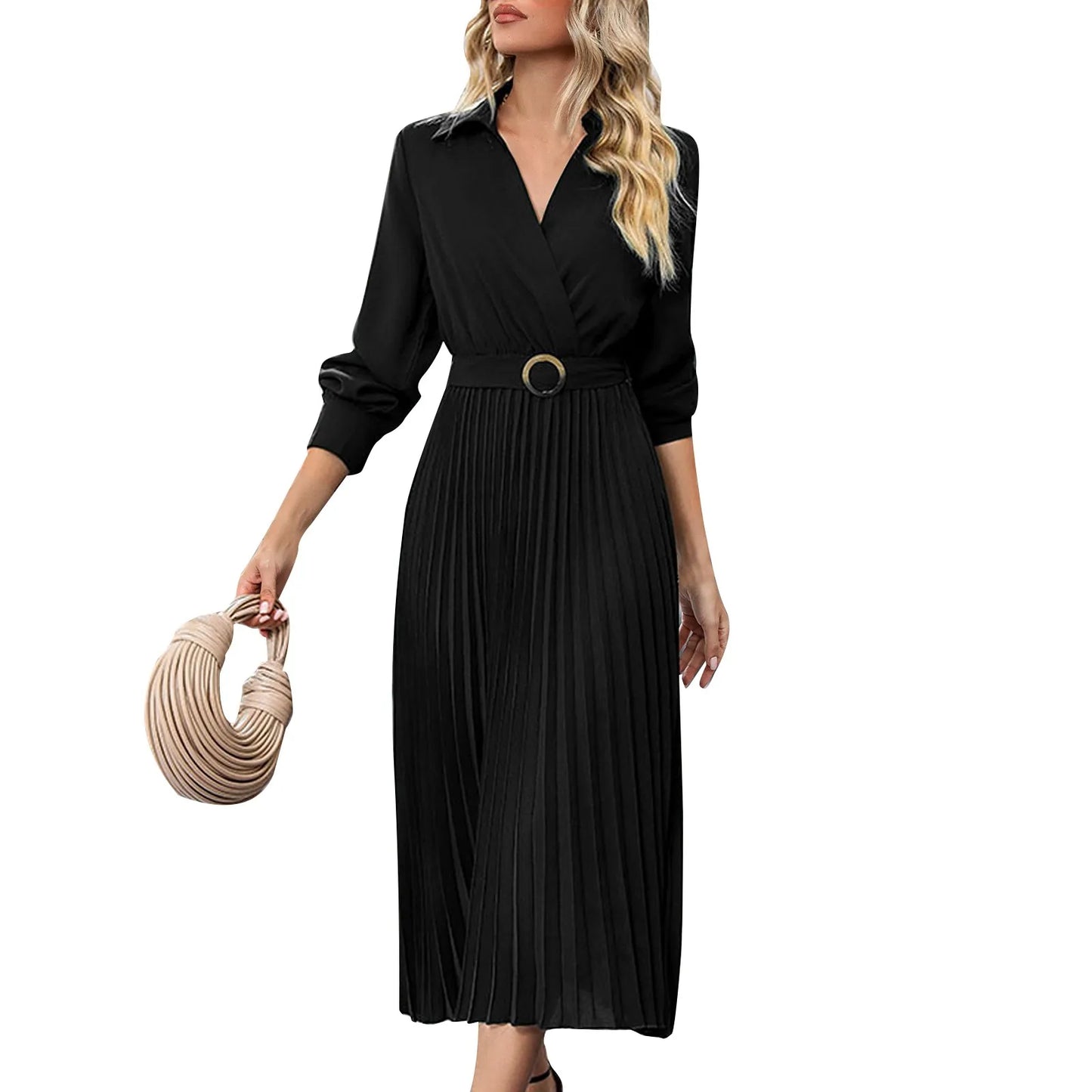Elegant Women's Dresses Solid Color V-Neck Casual Long Sleeve Belt Lapel Pleated Skirt Dresses Summer New Evening Party Dresses