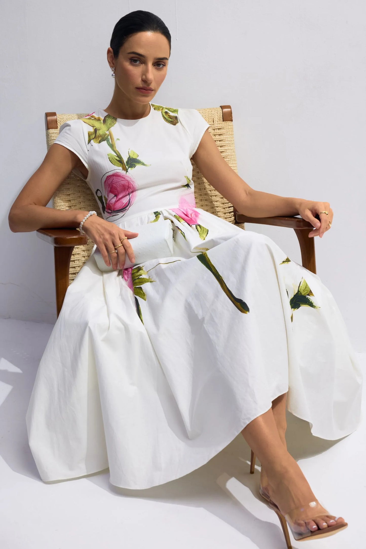 Lindsay Rose Style Flügelärmel Midikleid – Bedruckt & Plissiert