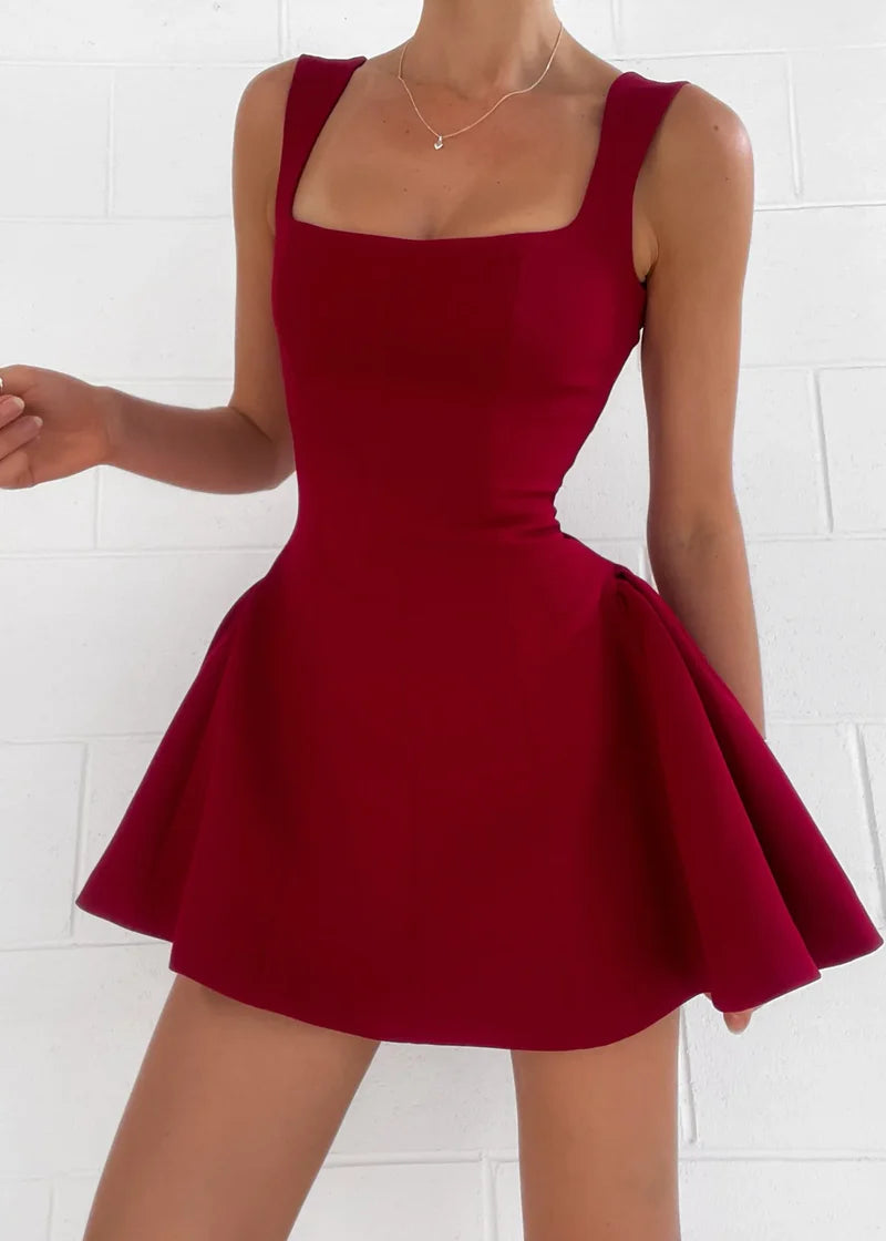 ALEXIS Rotes Vintage-Kleid – Quadratischer Ausschnitt Fit-and-Flare