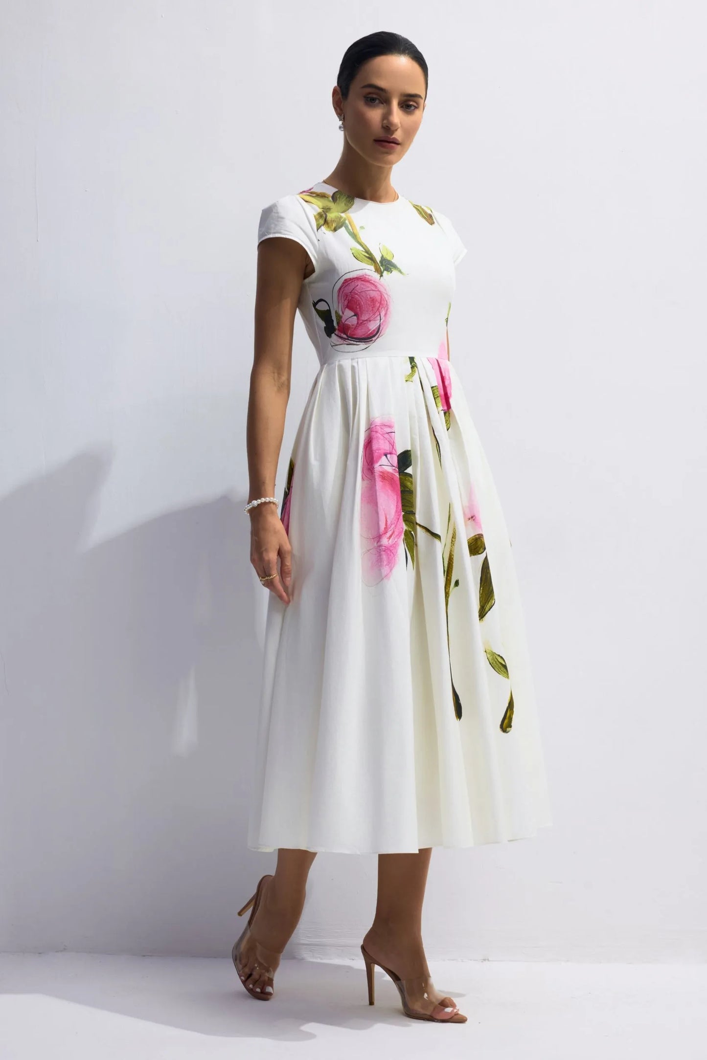 Lindsay Rose Style Flügelärmel Midikleid – Bedruckt & Plissiert