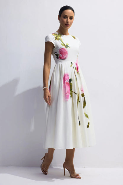 Lindsay Rose Style Flügelärmel Midikleid – Bedruckt & Plissiert