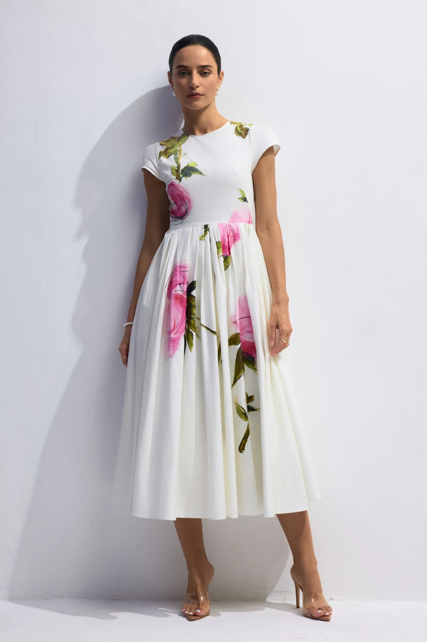 Lindsay Rose Style Flügelärmel Midikleid – Bedruckt & Plissiert