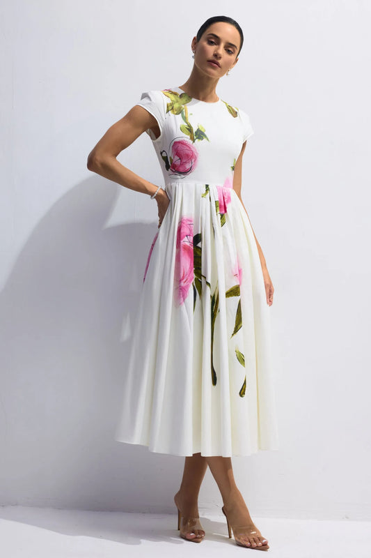 Lindsay Rose Style Flügelärmel Midikleid – Bedruckt & Plissiert
