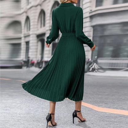 Elegant Women's Dresses Solid Color V-Neck Casual Long Sleeve Belt Lapel Pleated Skirt Dresses Summer New Evening Party Dresses