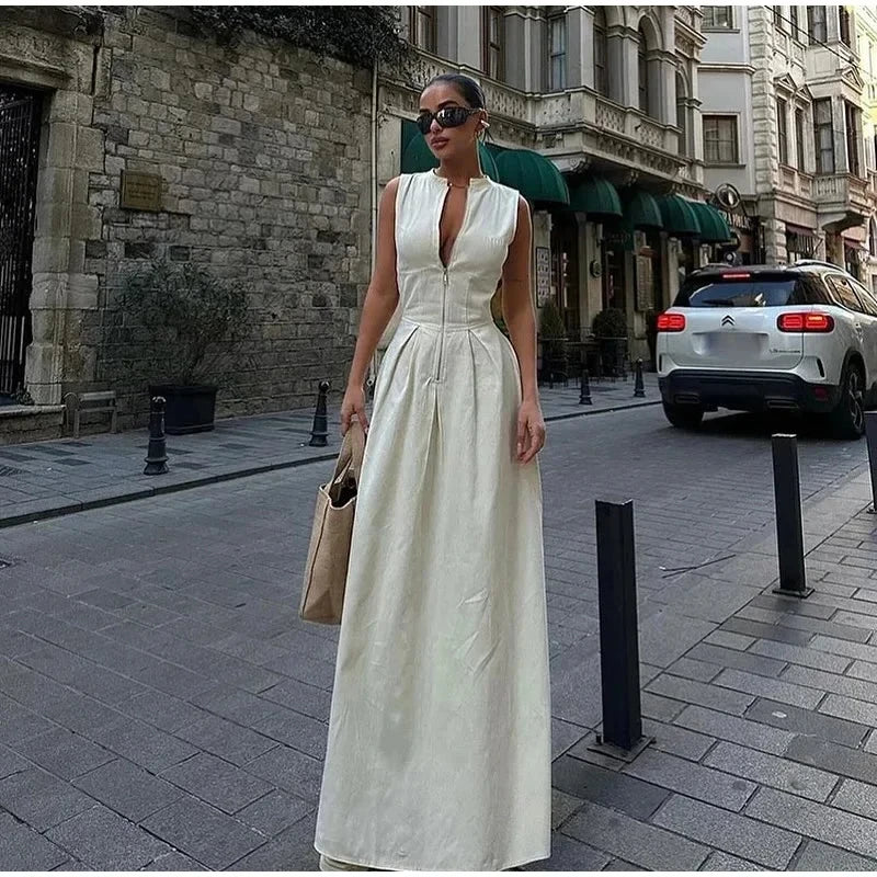 Y2K Ärmelloses Reißverschluss Maxikleid - V-Ausschnitt Hohe Taille