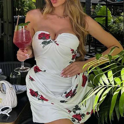 Florence Kleid – Premium Weiß mit Rosendekor & V-Ausschnitt