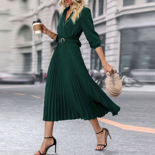 Elegant Women's Dresses Solid Color V-Neck Casual Long Sleeve Belt Lapel Pleated Skirt Dresses Summer New Evening Party Dresses