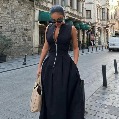 Y2K Ärmelloses Reißverschluss Maxikleid - V-Ausschnitt Hohe Taille