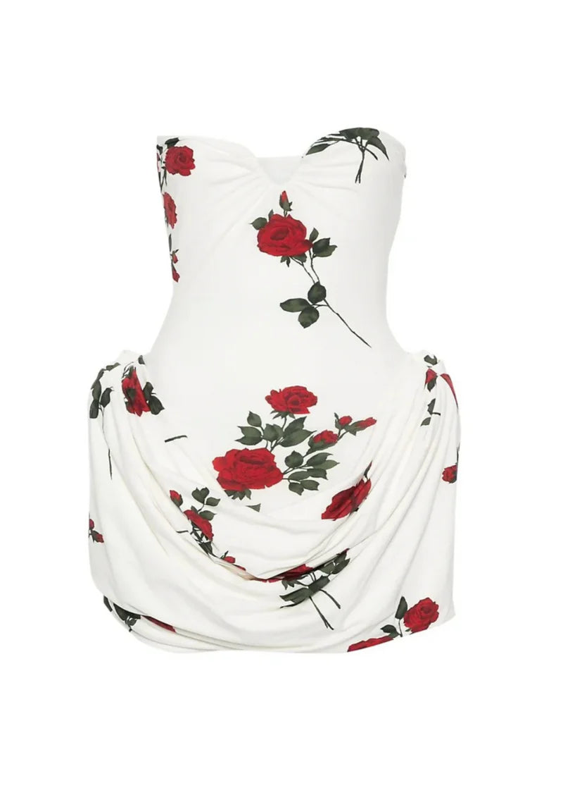 Florence Kleid – Premium Weiß mit Rosendekor & V-Ausschnitt