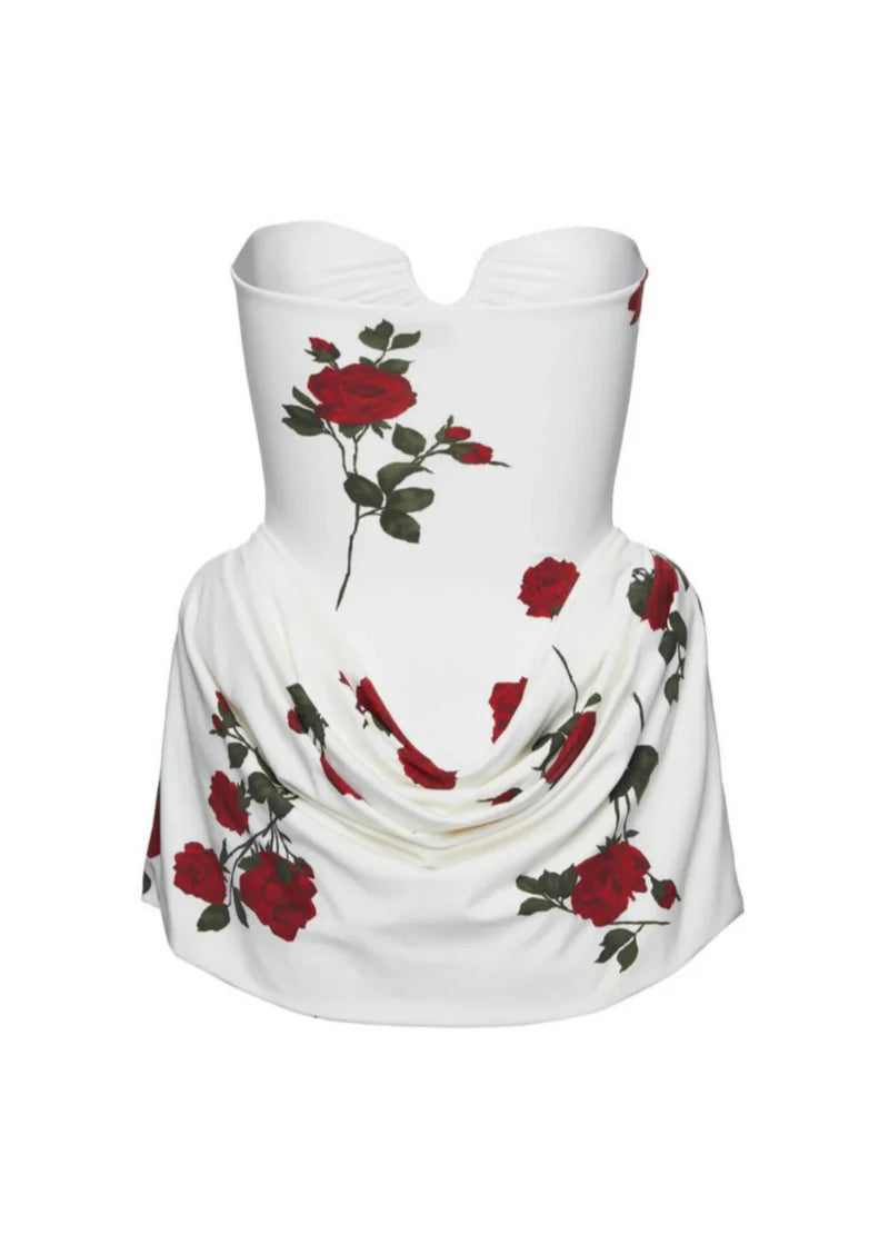 Florence Kleid – Premium Weiß mit Rosendekor & V-Ausschnitt
