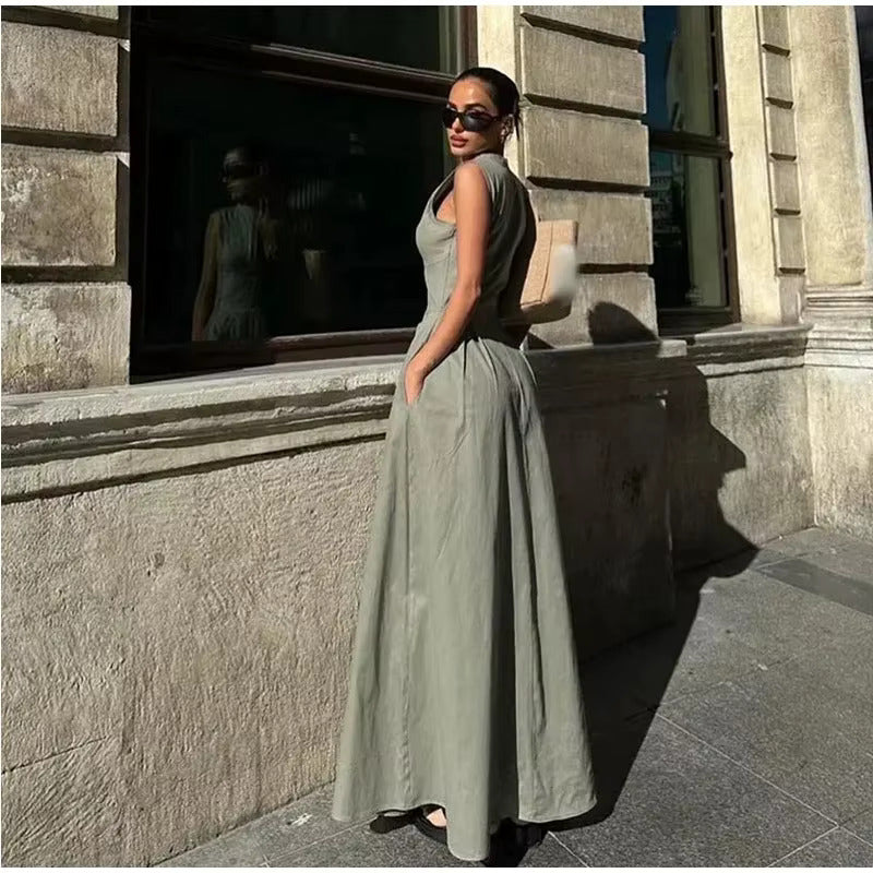Y2K Ärmelloses Reißverschluss Maxikleid - V-Ausschnitt Hohe Taille